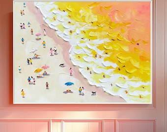 3D Yellow Sea Canvas Texture Art: Wabi-Sabi Ocean Wave Painting