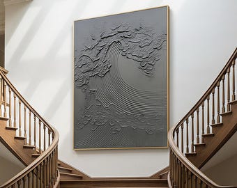 Handgemaakt abstract zwart golfolieverfschilderij, zwart-wit getextureerde oceaanmuurkunst