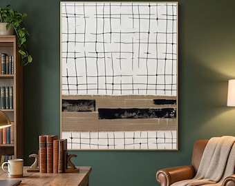 Handgemaakte abstracte jute canvaskunst, zwart-witte lijntextuur, rustieke muurdecoratie mixed media