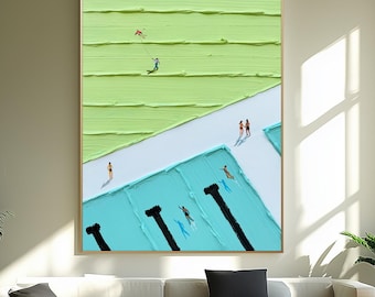 Groot 3D abstract schilderij: zwembadtextuur, groenblauwe kunst