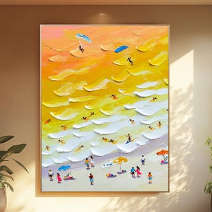 3D yellow Sea Canvas Texture Art Waves Wabi-Sabi Minimalist Beach Painting Mural Ocean Wave Canvas Wabi-Sabi Wall Art Trendy Living Room