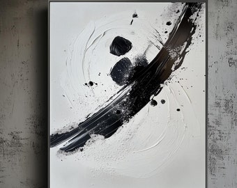 Pintura abstrata feita à mão em preto e branco: arte de parede texturizada Wabi-Sabi