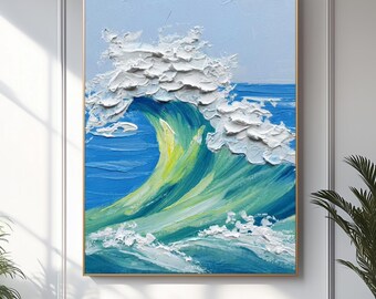 Getextureerde oceaangolfolieverfschilderij: 3D abstracte kustmuurkunst