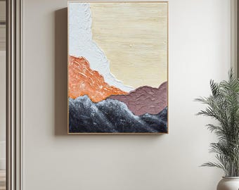 Beige Abstract 3D Texture Painting: Brown Minimalist Wall Art