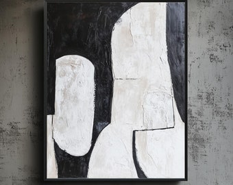 Pintura Wabi-Sabi em Preto e Branco: Grande Arte de Parede Abstrata Texturizada