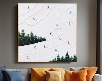 Textuurschildering skiën berg, besneeuwde spatelkunst, moderne winterlandschap muurkunst