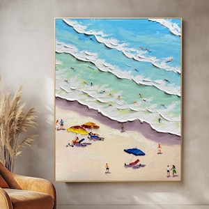 3D Blue Sea Canvas Texture Art White Waves Wabi-Sabi Minimalist Beach Painting Mural Ocean Wave Canvas Wabi-Sabi Wall Art Trendy Living Room