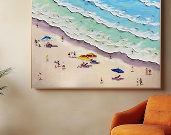 3D Blue Sea Canvas Painting: White Waves, Wabi-Sabi Beach Art