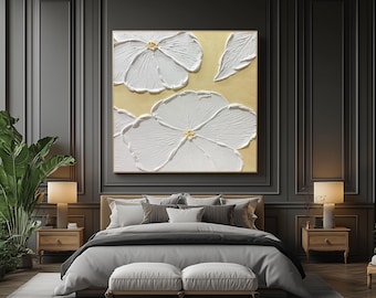 Handgemaakt schilderij met witte bloementextuur, spatelkunst op beige achtergrond, moderne muurkunst met textuur