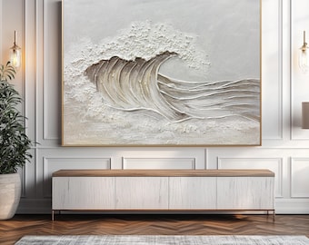 Getextureerde oceaangolfschildering: 3D minimalistische canvaskunst beige aardetinten