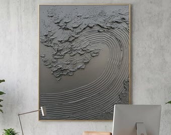 Handgemaakt abstract golfolieverfschilderij, monochroom getextureerd zeekunstwerk, minimalistisch zwart muurdecor