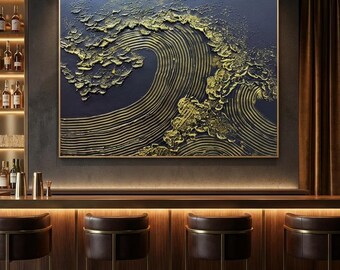 Handgemaakt zwart goud oceaangolftextuurschilderij, abstract zeemuurkunstcanvas