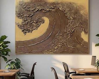 Getextureerde golfolieverfschilderij, aardetinten kustmuurkunst, handgemaakte oceaantextuur woondecoratie