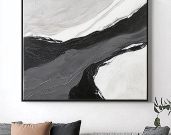 Large Black and White Textured Painting: 3D Minimalist Acrylic Art