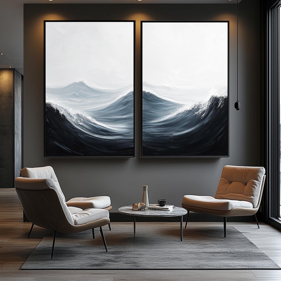 Minimalist Black and White Ocean Wave Painting: Textured 3D Wall Art - Etsy