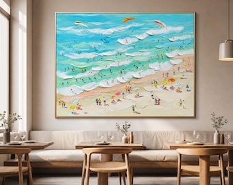 3D blauwe zee canvas textuur kunst: Wabi-Sabi minimalistisch golfschilderij