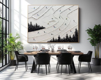 Handmade Skiing Art: Snowy Mountain Painting on Canvas
