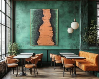 Textured Abstract Canvas Painting: Green, Orange & Black Minimalism