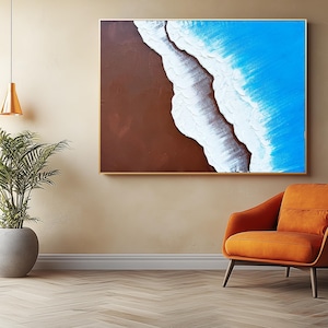 Arte de olas oceánicas azules de gran tamaño, pintura con textura 3D, arte abstracto marino, pintura minimalista, arte oceánico, arte mural de olas, pintura de olas blancas del océano azul