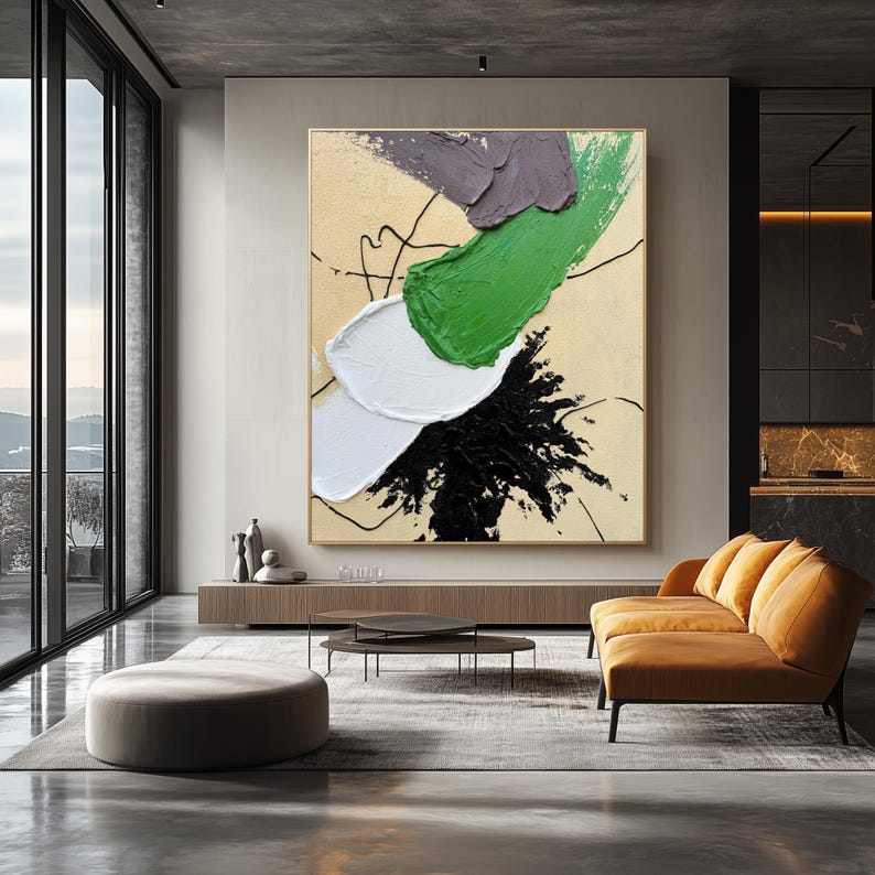 Pode incluir: Pintura abstrata com pinceladas grossas em tons de verde, branco, preto e cinza sobre um fundo bege.