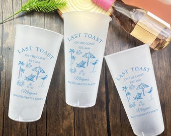May include: Three frosted plastic cups with a beach-themed design in blue. The cups have the text "LAST TOAST ON THE COAST EST. 2026" and "Morgan's BACHELORETTE PARTY". Palm trees, beach chairs, and cocktails are also featured.
