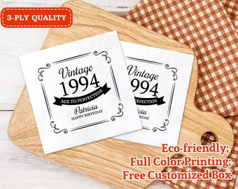 Personalized Birthday Party Napkins/Vintage Themed Aged to Perfection Napkins/Happy Birthday Cocktail Napkins/Milestone Birthday Party Decor