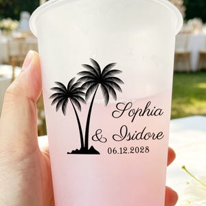 May include: A frosted translucent plastic cup featuring a black graphic of two palm trees. The text "Sophia & Isidore" is printed in a black script font, followed by the date "06.12.2028" in a simple black serif typeface.