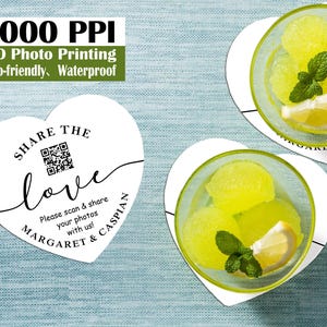 May include: Heart-shaped white coasters with the text "Share the Love" and a QR code. The coasters are next to glasses of yellow sorbet with lemon slices and mint leaves. The image also includes text that says "4000 PPI HD Photo Printing Eco-friendly, Waterproof."