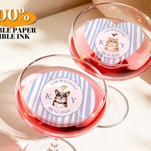 Puede incluir: Dos copas de cristal transparente con líquido rojo, cada una con un disco de papel comestible de rayas azules y blancas, una ilustración de un gato o perro, el texto THE WILLIAMS, K Y y la fecha 06.12.2028.
