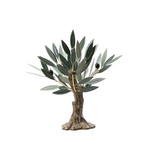 May include: A small decorative olive tree with a brown wooden trunk and green leaves. The tree has several black olives attached to the branches.