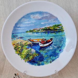 Hand-Painted Sea Boats Plate: Bulgarian Black Sea Landscape Art