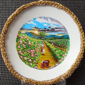 Hand-Painted Rose Fields Plate: Bulgarian Landscape Art, Decorative Wall Hanging