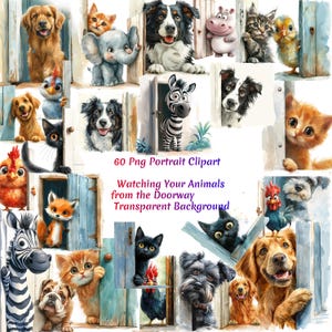 60 Watercolor Cute Animals  Peeking Clipart Bundle ,Animal PNG Clipart, Printable Animals Transparent PNGs Cute Nursery Art