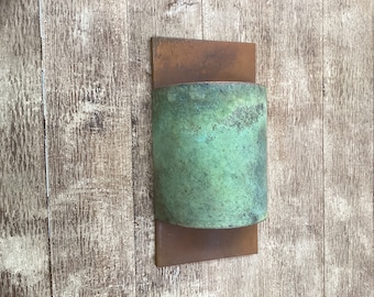 Rust and Verdigris Contemporary Half Round / Copper Light Sconce