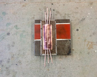 Copper Wall Art / Copper on Red on Steel / Square Art. O