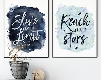 Sky&#39;s The Limit, Reach For The Stars, Blue Printable Wall Art, Inspirational Quotes, Motivational Artwork, Classroom Posters, Nursery Decor