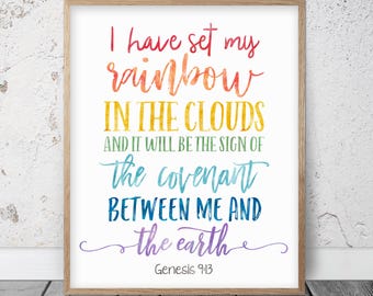 I Have Set My Rainbow In The Clouds, Genesis 9:13, Bible Verse Printable Wall Art, Christian Gifts, Rainbow Nursery Decor, Scripture Prints