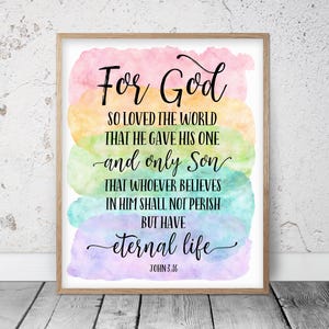 Pour Dieu a tant aimé le monde, Jean 3:16, verset de la Bible, art mural imprimable, cadeaux chrétiens, décoration de chambre d'enfant arc-en-ciel, affiches de classe, écriture sainte