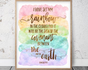 I Have Set My Rainbow In The Clouds, Genesis 9:13, Bible Verse Printable Wall Art, Christian Gifts, Rainbow Nursery Decor, Scripture Prints