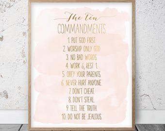 The Ten Commandments, Bible Verse Printable Wall Art, Christian Gifts, Nursery Decor Girl, Scripture Prints, Baby Shower Gift, Blush Bedroom