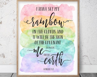 I Have Set My Rainbow In The Clouds, Genesis 9:13, Bible Verse Printable Wall Art, Christian Gifts, Rainbow Nursery Decor, Scripture Prints