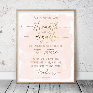 She Is Clothed In Strength And Dignity, Proverbs 31:26, Bible Verse Printable Wall Art, Christian Gifts, Nursery Decor Girl, Scripture Print