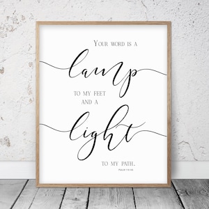 May include: A framed print featuring the quote "Your word is a lamp to my feet and a light to my path" in black script. The print is in a light brown wooden frame, ideal for home decoration.