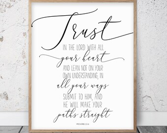 Faites confiance au Seigneur de tout votre cœur, Proverbes 3 : 6, art mural imprimable verset de la Bible, cadeau chrétien, décoration de chambre d'enfant, impression d'écriture sainte, chambre à coucher