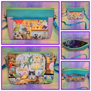 May include: A small pink and teal crossbody bag with a zippered pocket and a colorful print of birds, cats, and a clock. The bag has a green zipper and a turquoise strap.