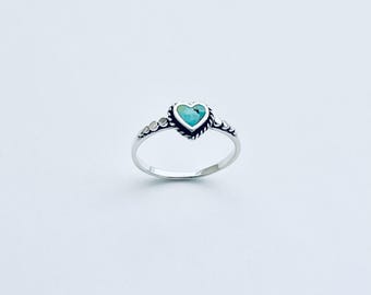 Sterling Silver Little Heart Genuine Turquoise Ring with Braid, Dainty Ring, Silver Rings, Stone