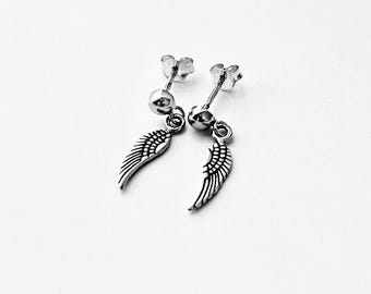 Sterling Silver Small Angle Wings Drop Stud Earring, Feather Earrings, Birds, Angels Wing