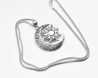Stort filigranhalsband i sterlingsilver med måne och sol, himmelska halsband, silverkedja, solsken