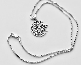 Sterling Silver Filigree Moon and Star Necklace, Celestial Necklaces, Silver Chain, Stars