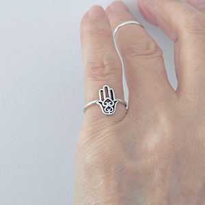 Sterling Silver Small Hamsa Hand Ring with Hearts, Hand of Fatima Rings, Protection Jewelry